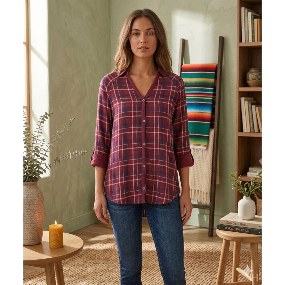 Saturday Sunday Anthropologie Top S Maroon Plaid Button Up Roll Tab Boho Shirt